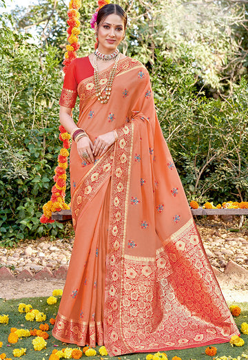 Peach Rich Pallu Cotton Saree for Party