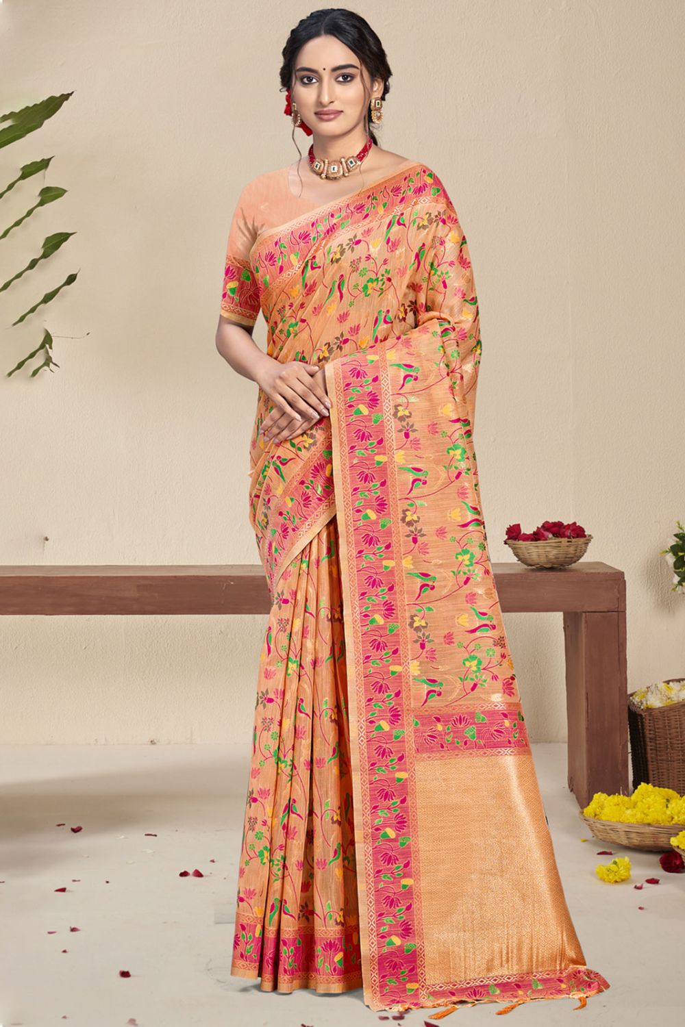 Peach Silk Woven Saree