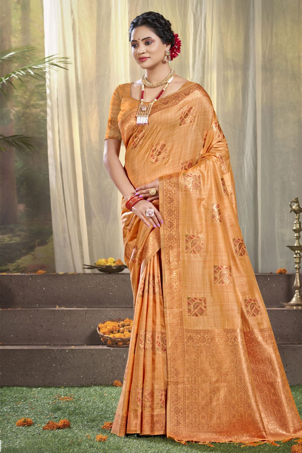 Peach Silk Woven Work Saree