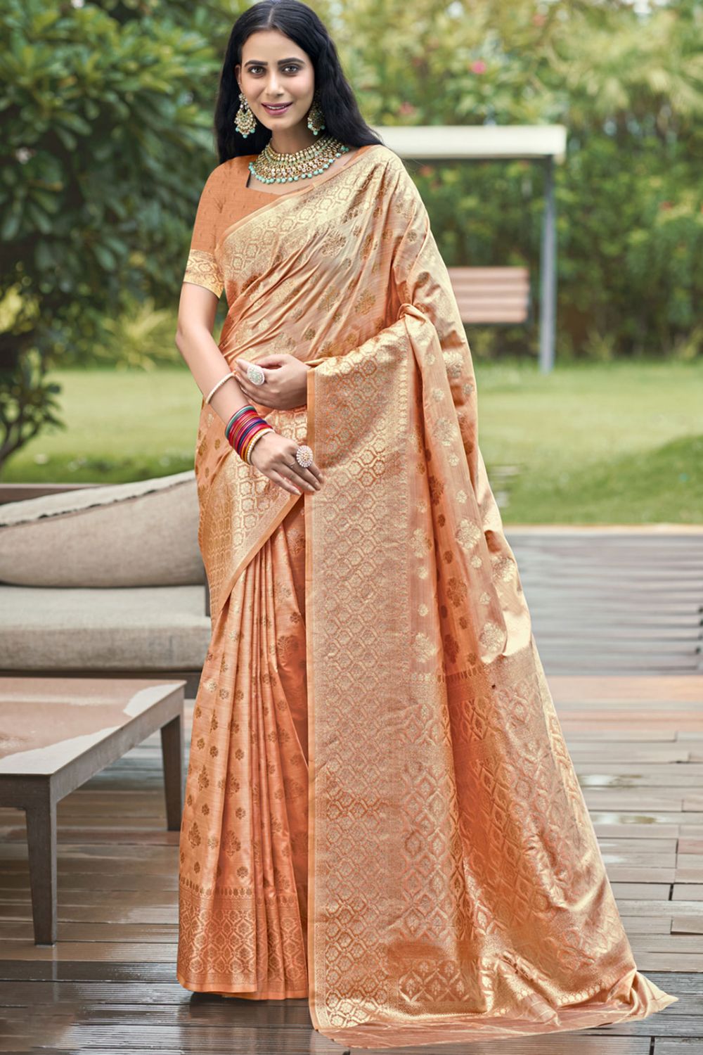 Peach Silk Woven Work Saree