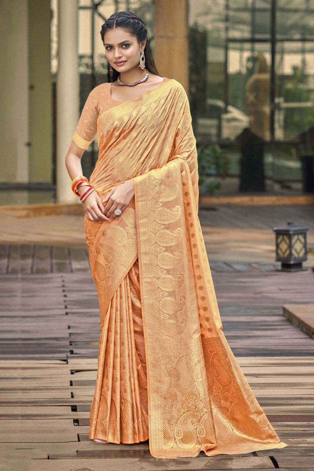 Peach Silk Woven Work Saree