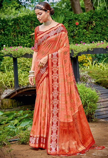 Peach Weaving Work Banarasi Silk Saree