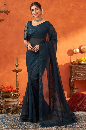 Peacock Blue Designer Chiffon Silk Saree