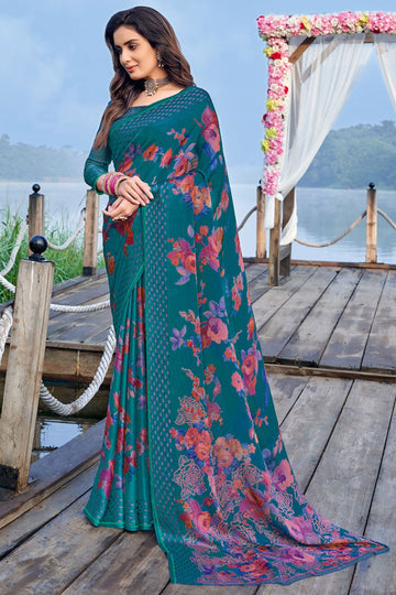 Peacock Blue Printed Casual Wear Chiffon Saree