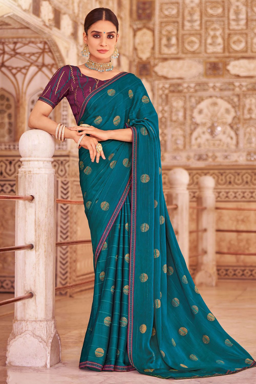 Peacock Blue Chiffon Saree with Embroidery Work