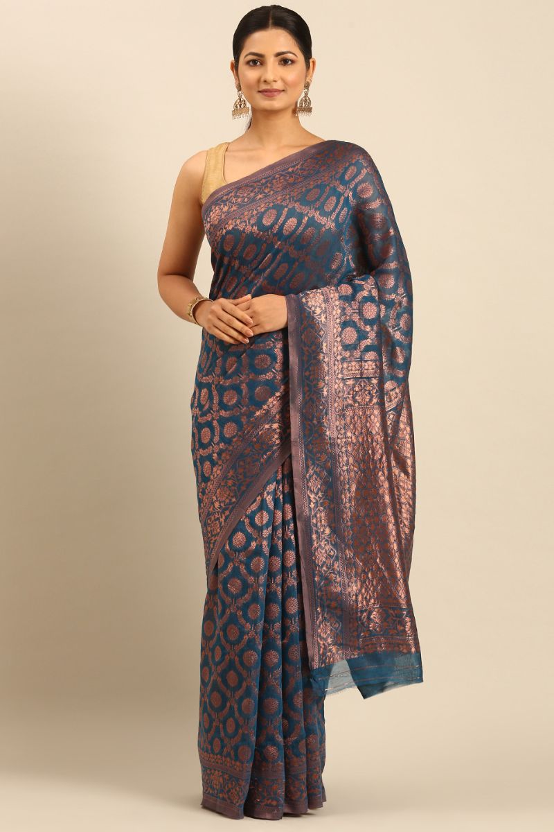 Peacock Blue Jacquard Work Cotton Saree