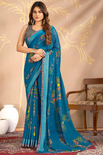 Peacock Blue Printed Georgette Casual Wear Saree