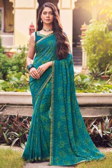 Peacock Blue Printed Georgette Casual Wear Saree