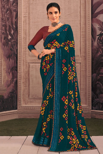 Peacock Blue Printed Georgette Casual Wear Saree