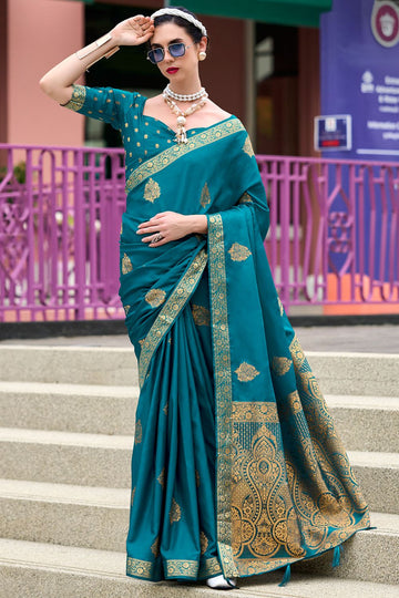 Peacock Blue Pure Handloom Weaving Satin Saree