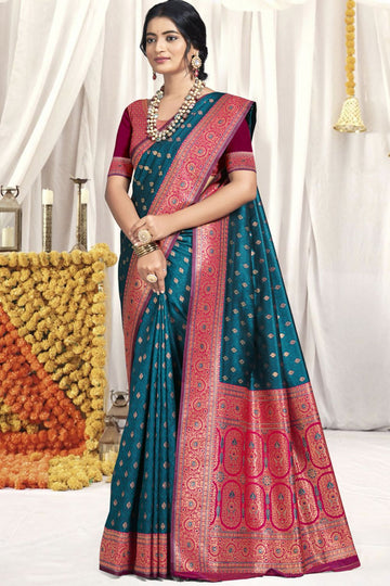 Peacock Blue Zari Weaving Silk Saree