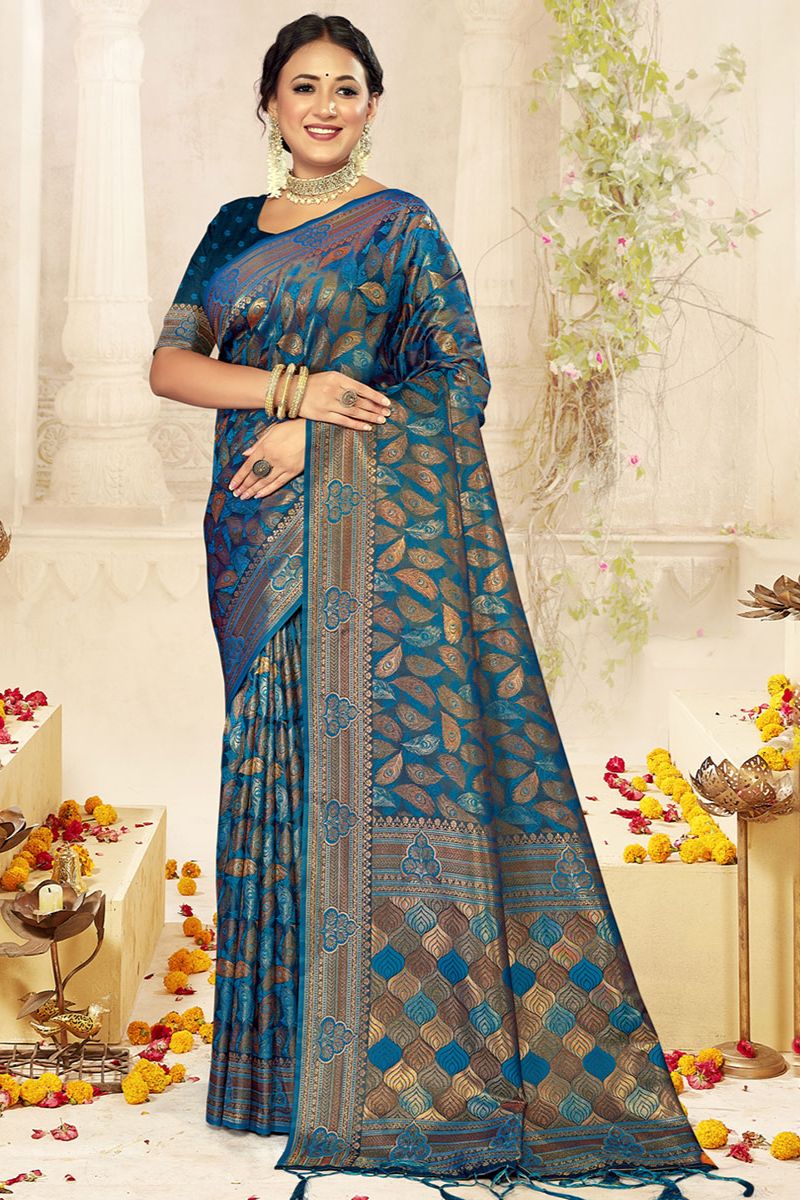 Peacock Blue Woven Satin Silk Saree