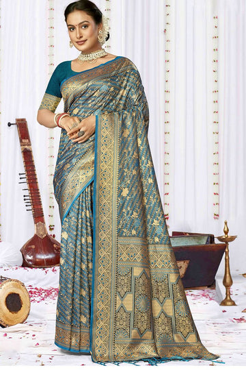 Peacock Blue Woven Satin Silk Saree