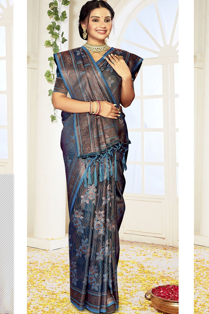 Peacock Blue Woven Satin Silk Saree