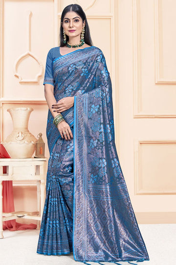 Peacock Blue Woven Satin Silk Saree