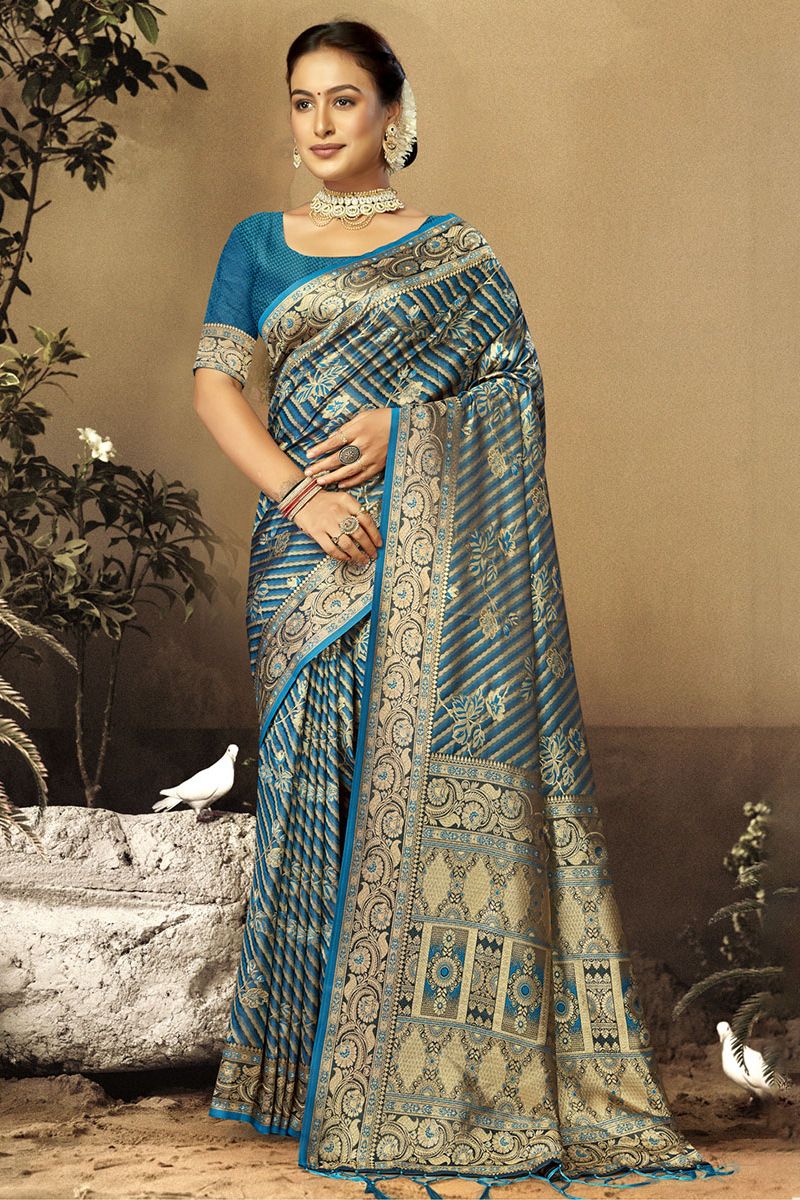 Peacock Blue Woven Satin Silk Saree