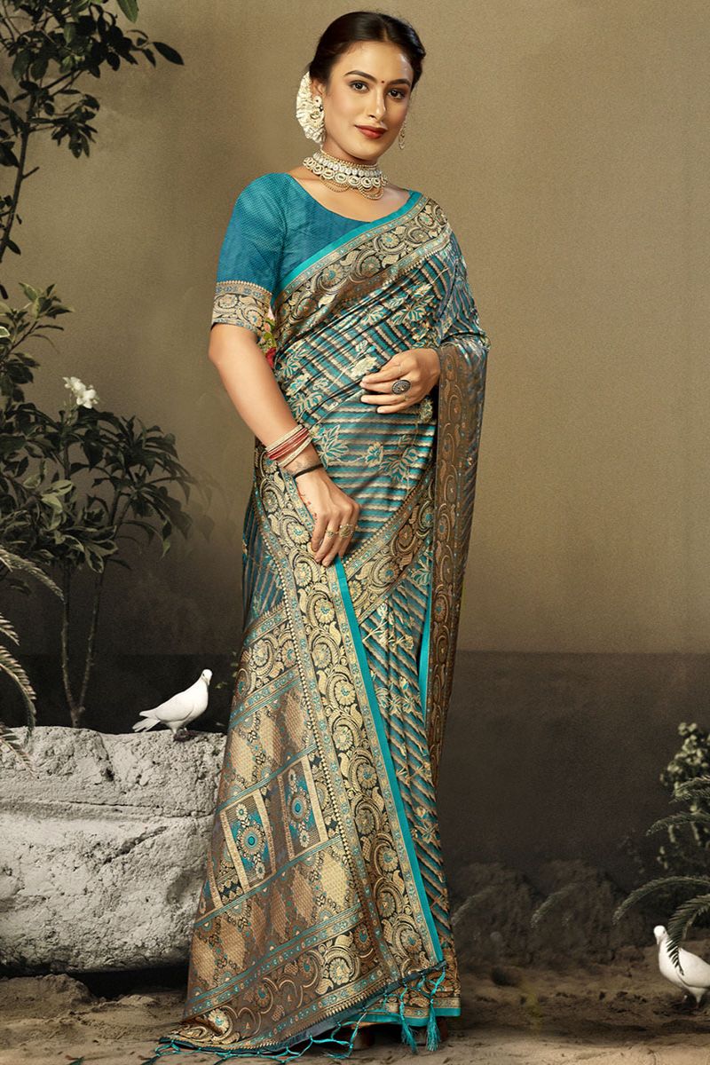 Peacock Blue Woven Satin Silk Saree