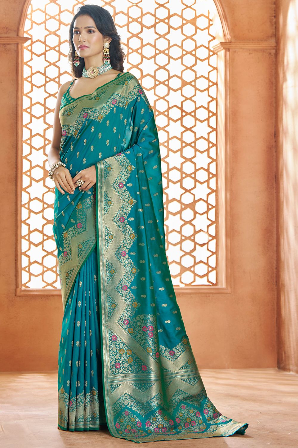 Peacock Blue Pure Banarasi Silk Zari Weaving Saree