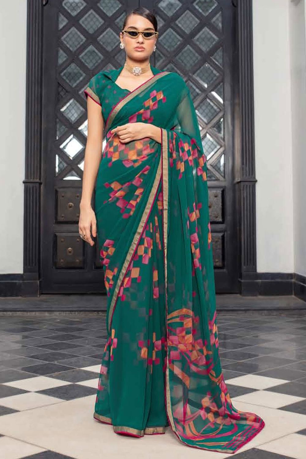 Peacock Green Printed Georgette Casual Wear Saree