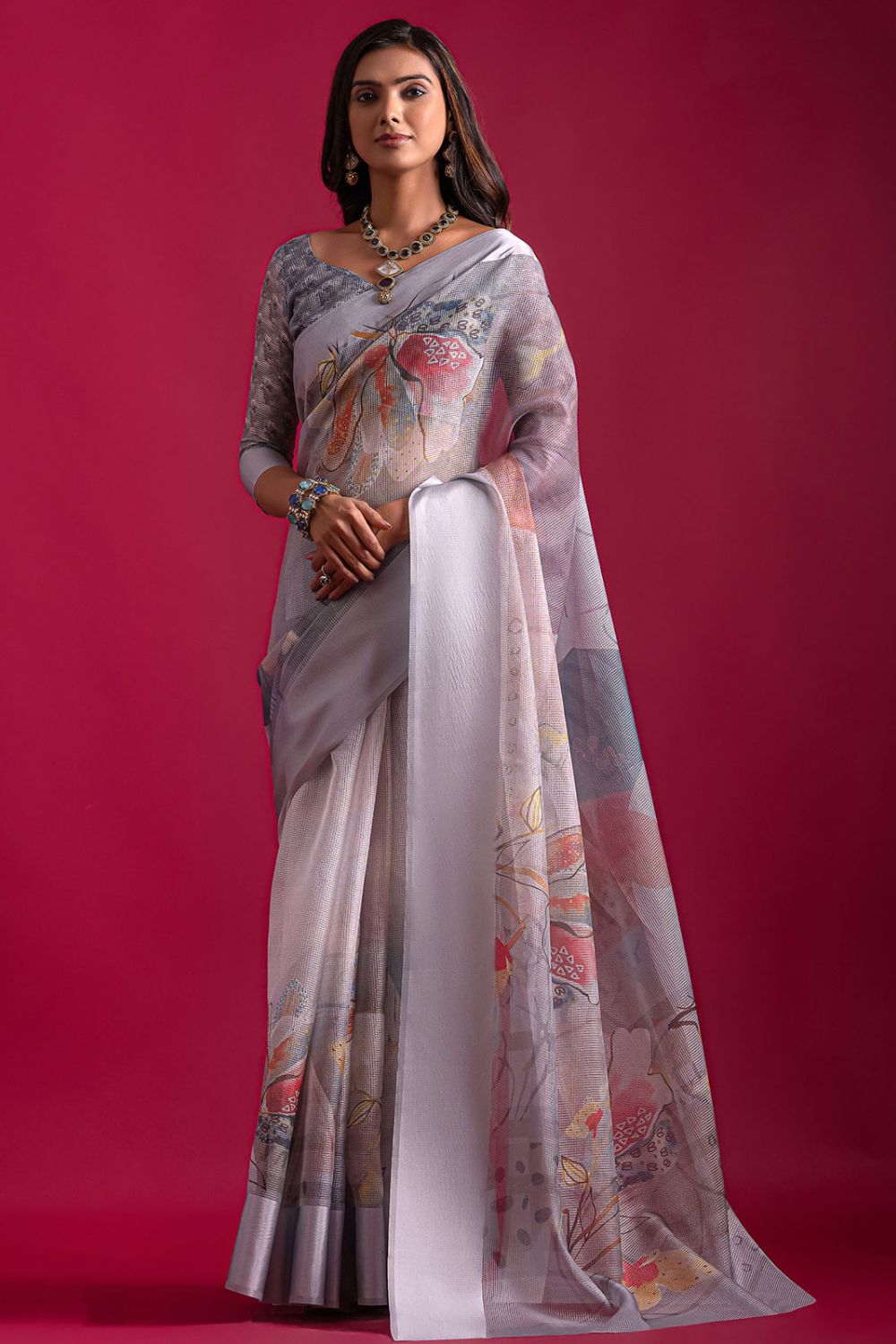 Pearl Grey Digital Print Linen Saree for Party