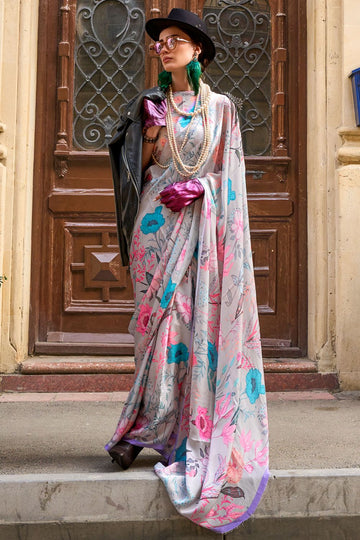 Pearl Grey Printed Pure Satin Georgette Party Wear Saree