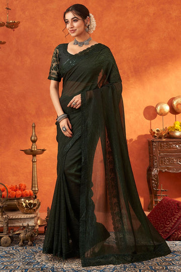 Pine Green Designer Chiffon Silk Saree