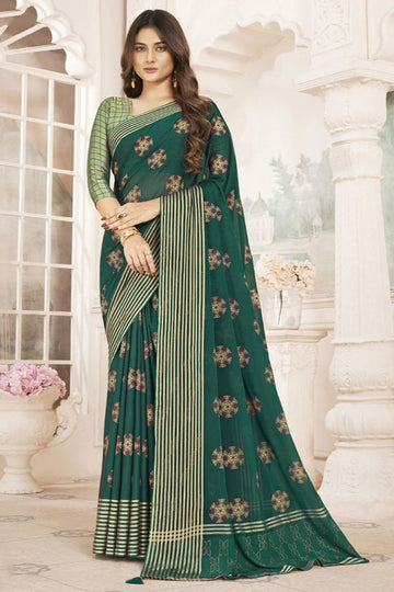 Pine Green Chiffon Saree with Foil Print