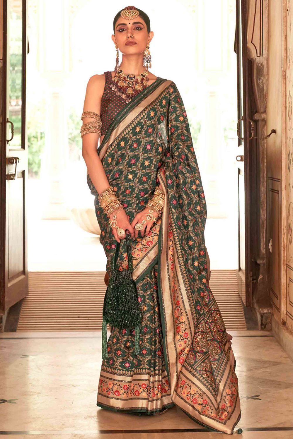 Pine Green Printed Silk Saree Saree for Festival