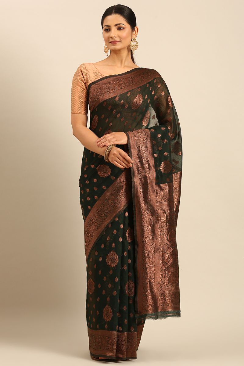 Pine Green Jacquard Work Cotton Saree