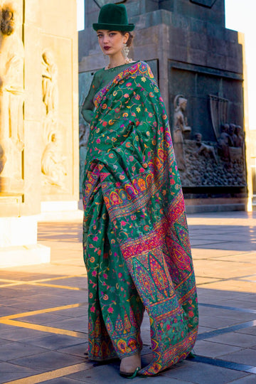 Pine Green Kashmiri Handloom Weaving Organza Festival Wear Saree