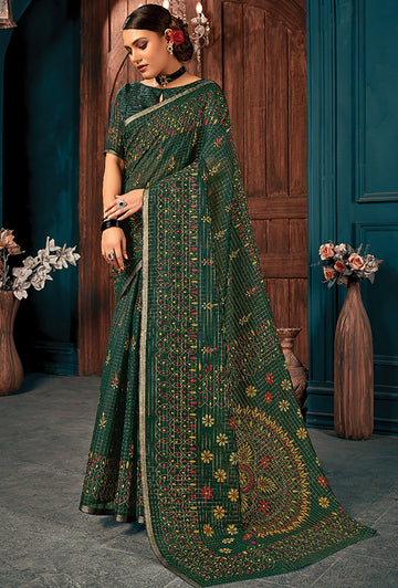 Pine Green Printed Cotton Casual Wear Saree