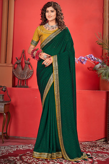 Pine Green Silk Saree with Embroidered Border