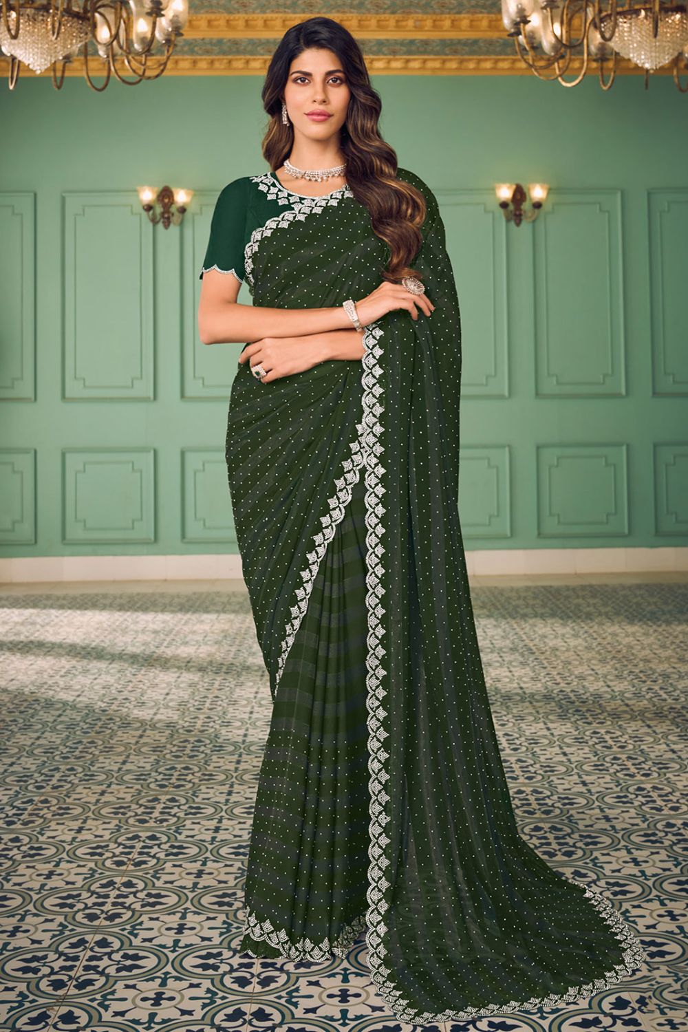 Pine Green Swarovski Embellished Chiffon Saree for Party