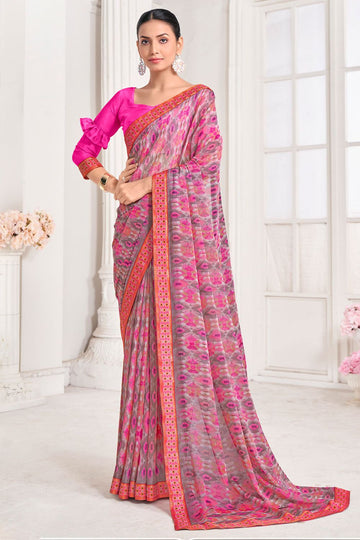 Pink Chiffon Printed Party Wear Saree