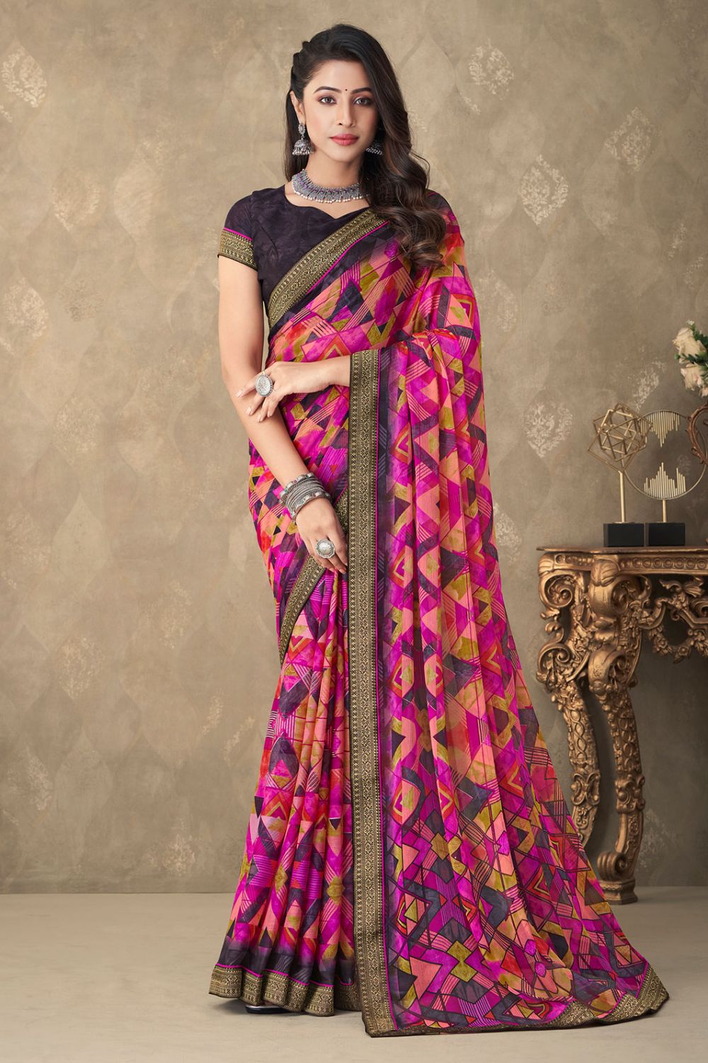 Pink Chiffon Printed Casual Wear Saree