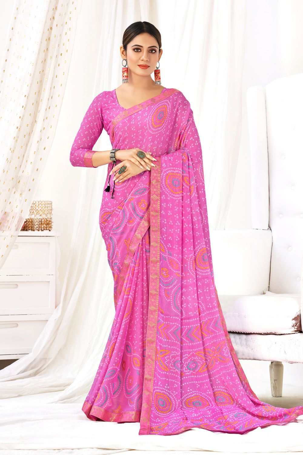 Pink Chiffon Printed Casual Wear Saree