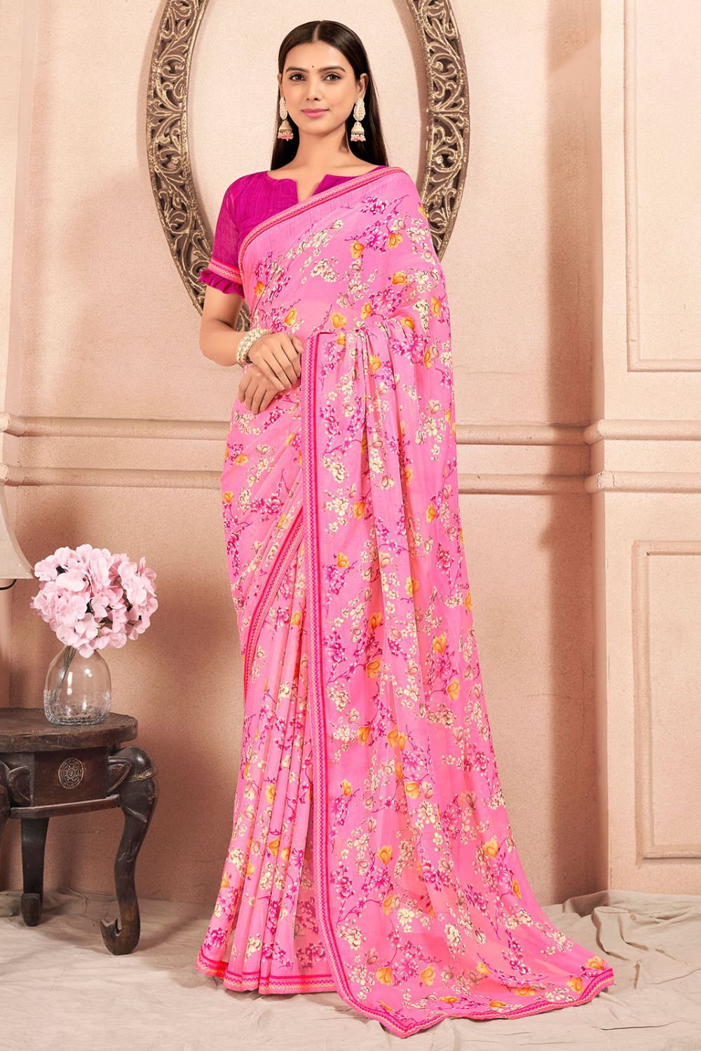 Pink Chiffon Printed Casual Wear Saree