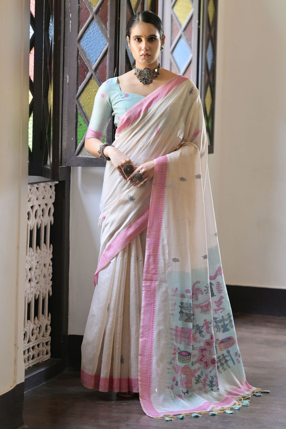 Ivory Cotton Ikkat Woven Party Wear Saree