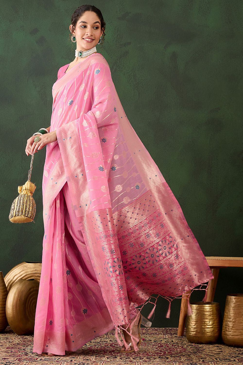 Pink Cotton Woven Party Wear Saree