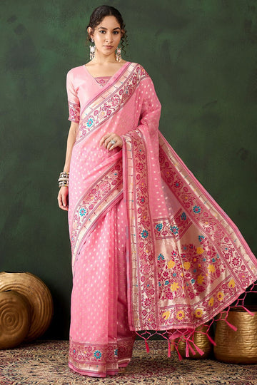 Pink Cotton Woven Party Wear Saree