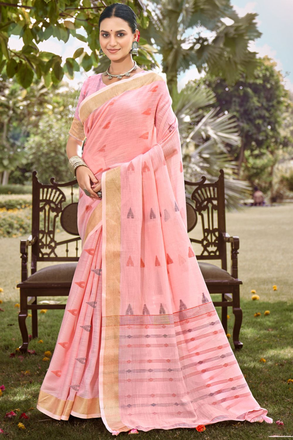 Pink Cotton Woven Saree