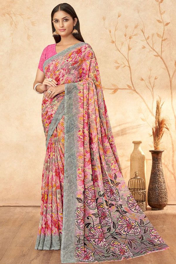 Pink Printed Georgette Casual Saree