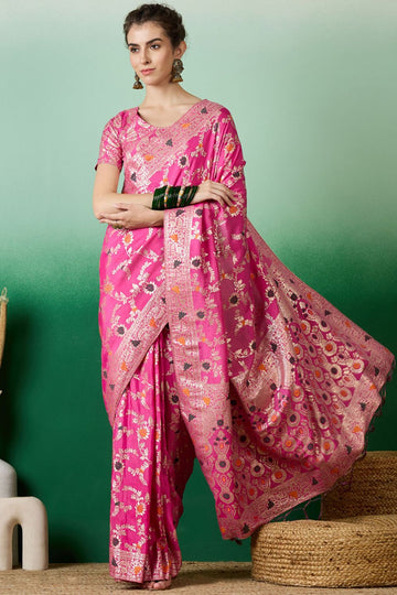 Pink Dola Jacquard Zari Woven Saree for Party