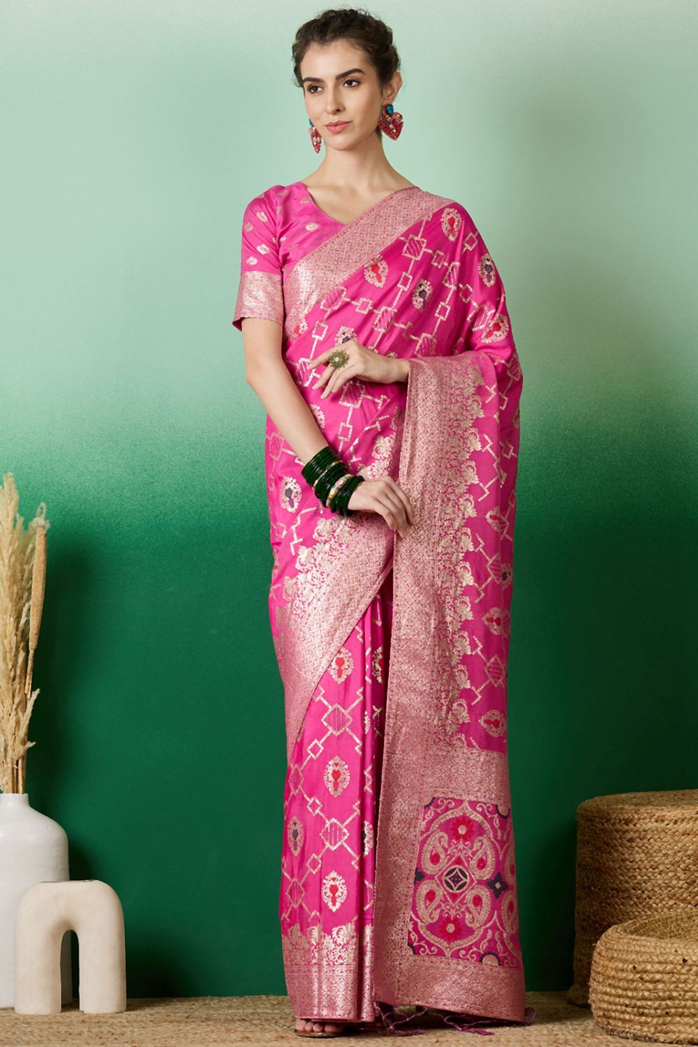 Pink Dola Jacquard Zari Woven Saree for Party