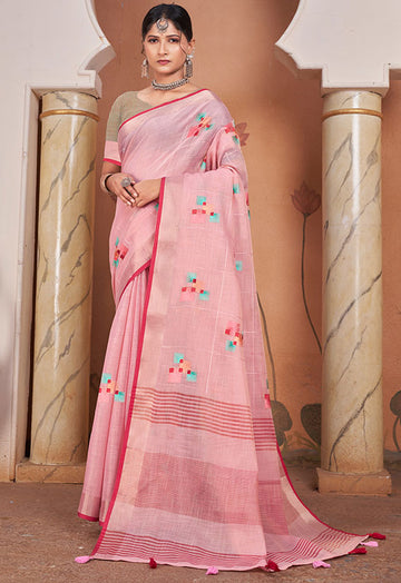 Pink Linen Weaving Work Saree