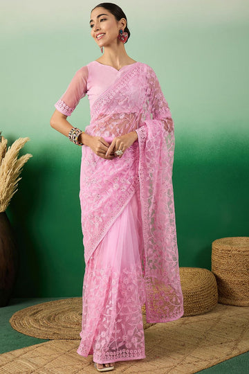 Pink Net Embroidered Saree for Party