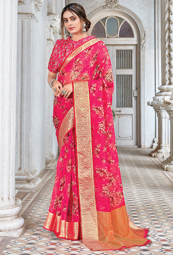 Pink Organza Printed Saree for Party