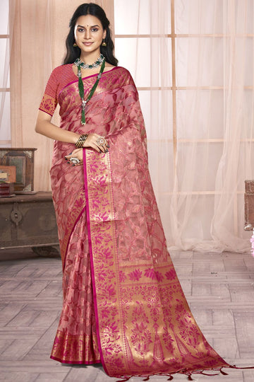 Pink Woven Partywear Organza Saree