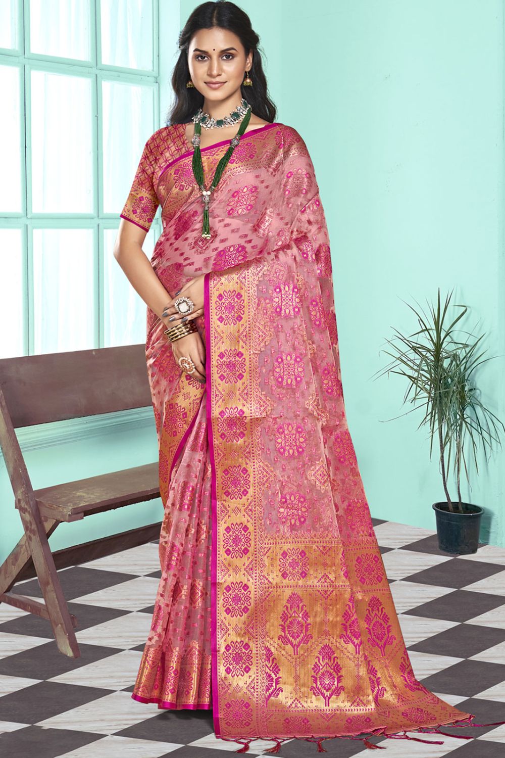 Pink Organza Party Wear Saree