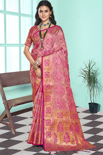 Pink Woven Partywear Organza Saree